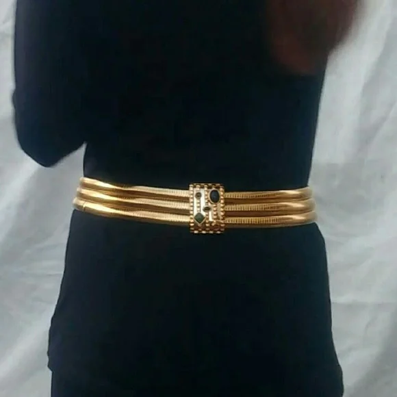 Vintage 70s Gold Stretch Belt w/ Gemstones Buckle - Picture 4 of 11